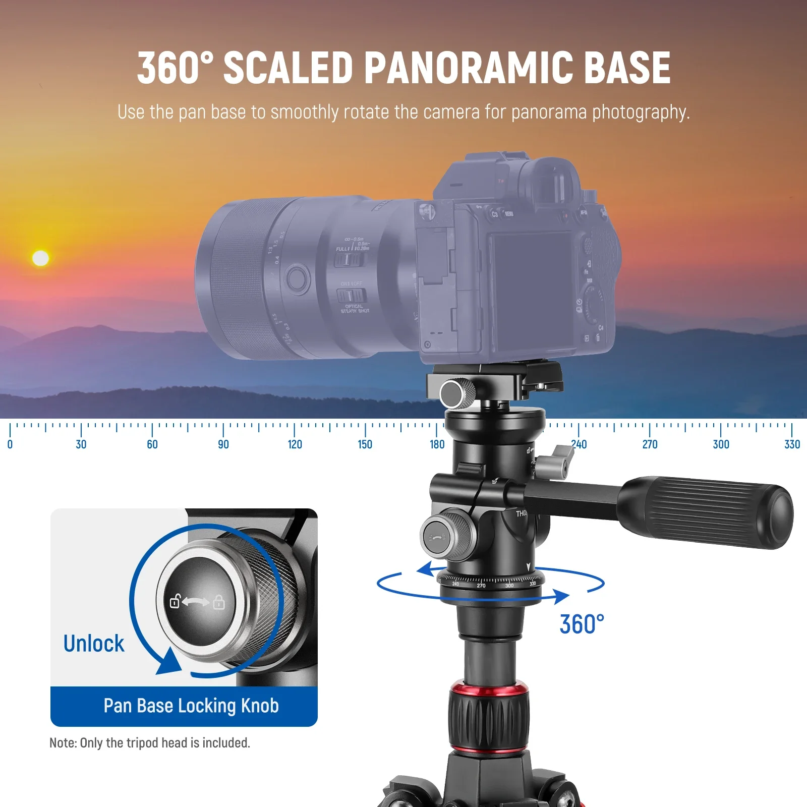 2-Way Geared Tripod Head with Millimeter Micro Adjustment 360° Panoramic Arca Q