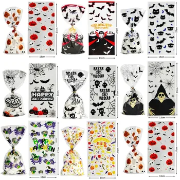 50Pcs Halloween Candy Bag Pumpkin Skull Bat Plastic Bags Transparent Cellophane Cookie Packaging Gift Diy Halloween Party Decor