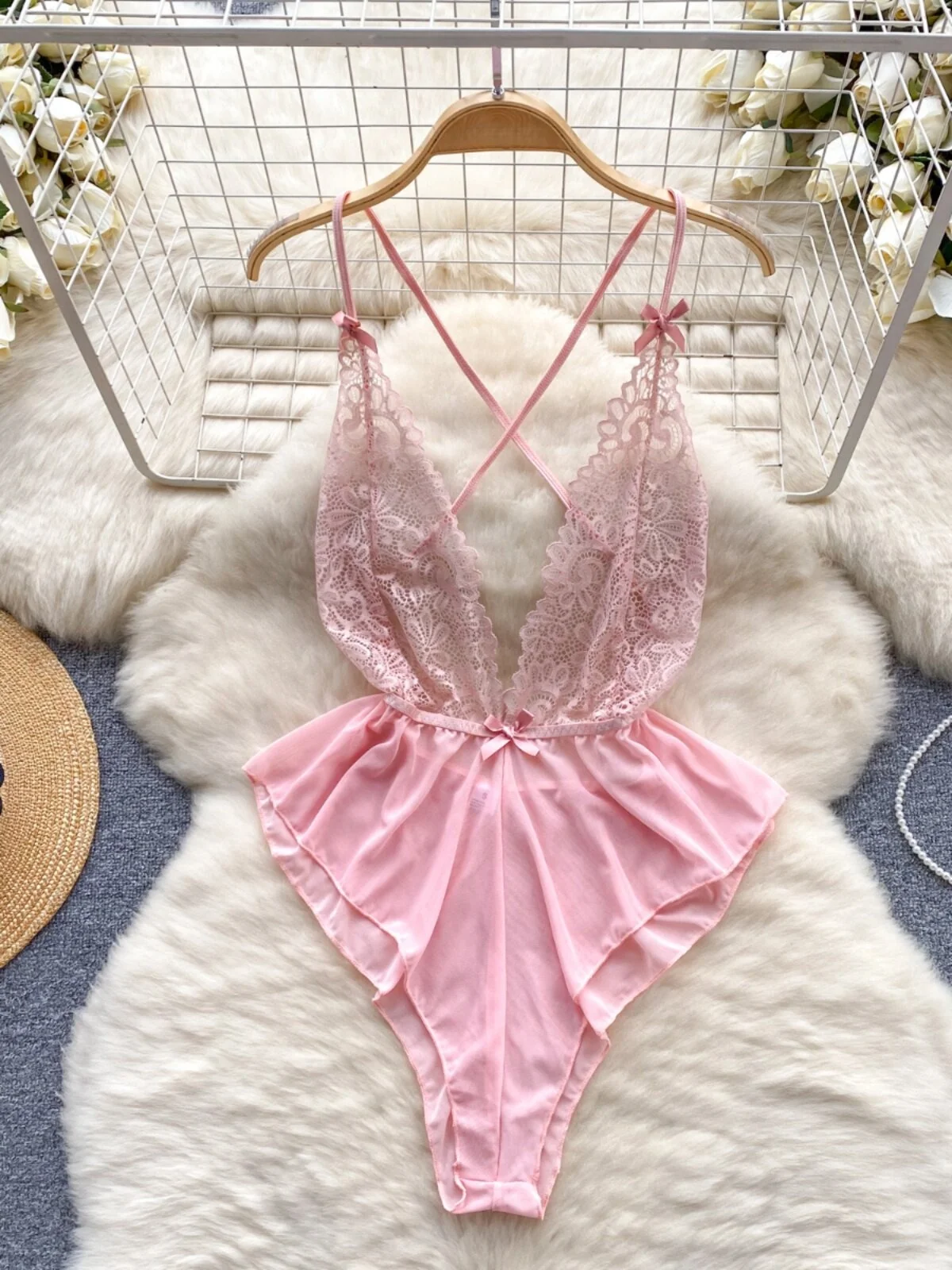 pink strappy lace mesh bodysuit front view