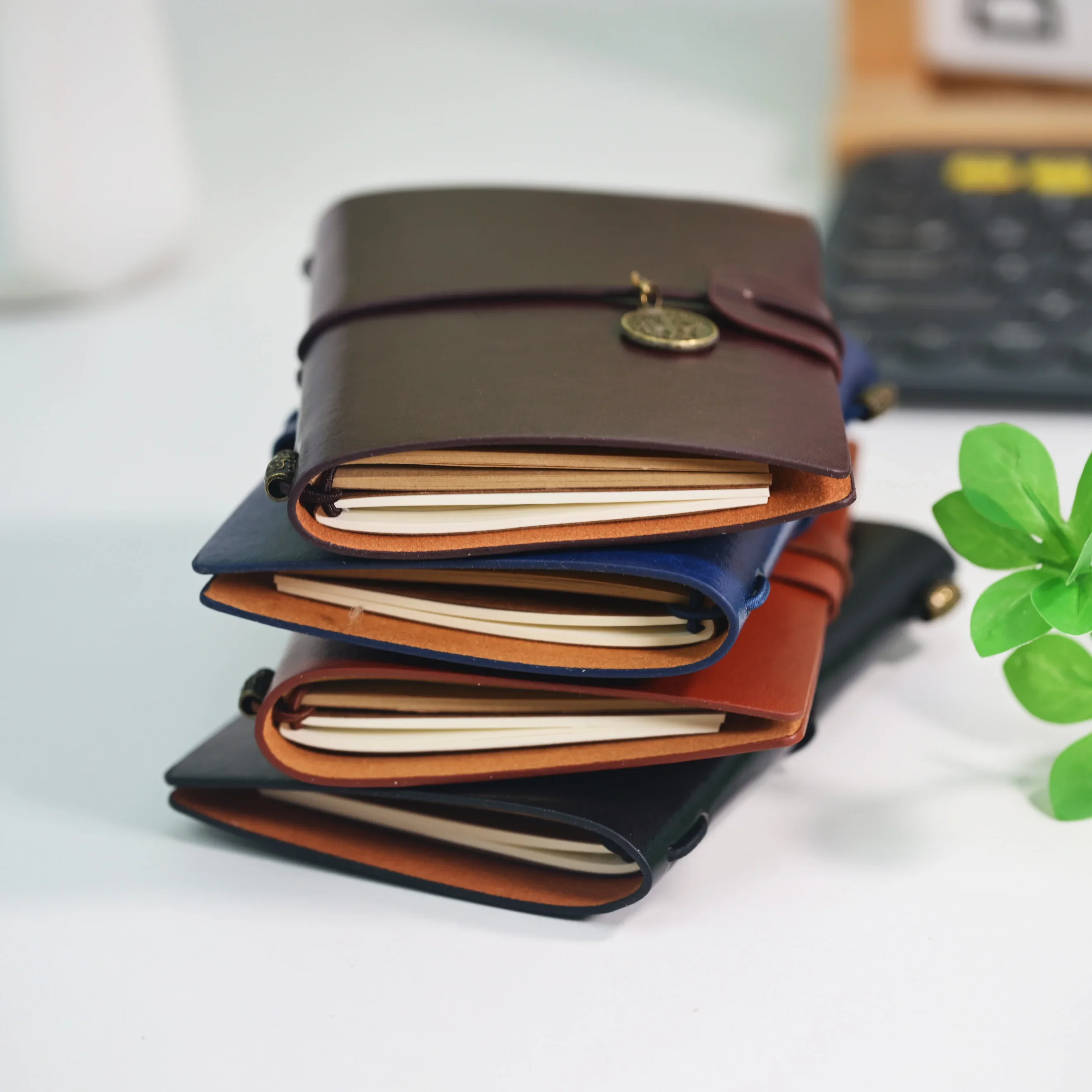 Compact PU Leather Refillable Travelers Notebook with Round Charm - Gift Pocket Diary