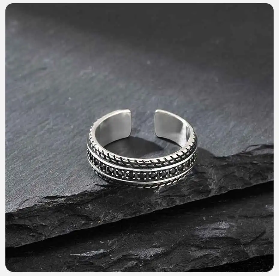 Radförmiger schwarzer Zirkon-Reifenring für Herren, Vintage Hip-Hop Metall-Biegering, verstellbarer Ring, Manschettenring, Geschenk – Detail 6