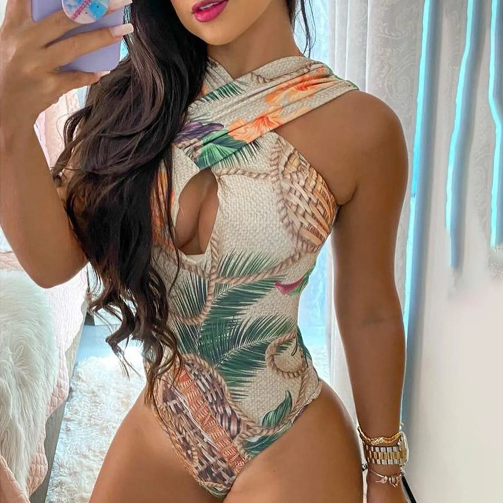 2022 Sexy Bikini Sets Women Backless Cross Straps Swimsuit Prints 1pc Hollow Out Bathing Swimwear Halter Tank Beachwear Ladies |