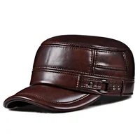 Winter Genuine Leather Cap Men's Flat Caps  Military Hat Elegant Man Baseball Cap British Vintage Cowhide Ear Warm Hat 1