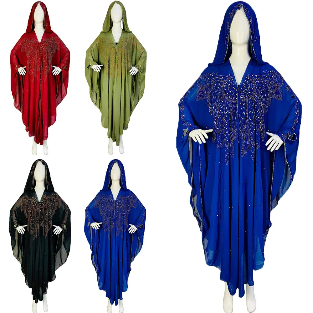 

Muslim Chiffon Beading Bat Sleeve Kaftan Abaya Women Dubai Turkey Hooded Dress Elegant African Dashiki Loose Boubou Evening Robe