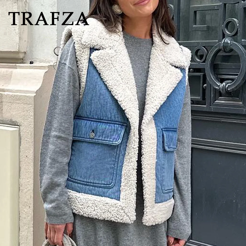 

TRAFZA 2023 Autumn Winter Women Casual Lambswool Spliced SLeeveless Vest Fashion Streetwear Elegant Demi-season Jacket For Women