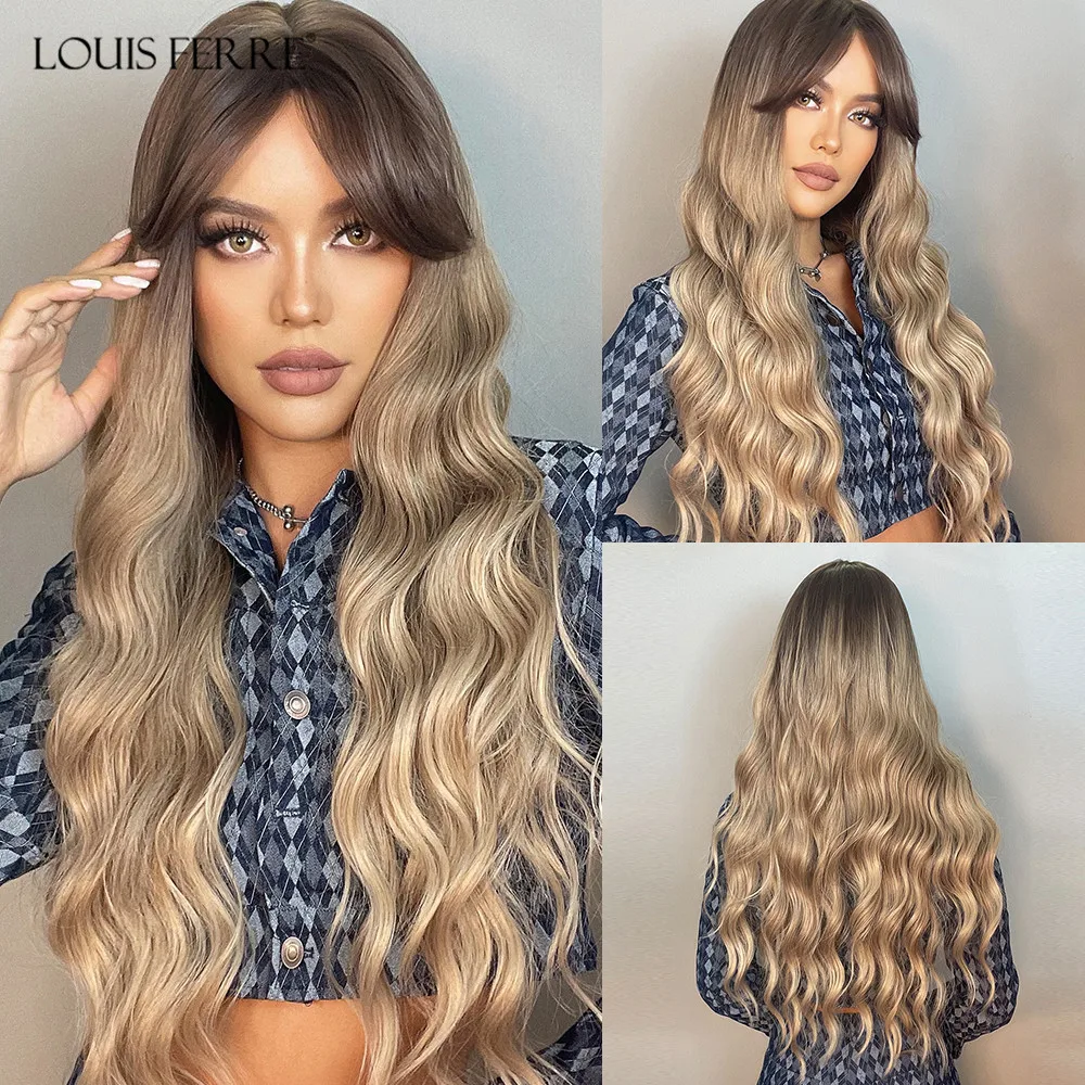 LOUIS FERRE Ombre Brown Honey Blonde Synthetic Wigs with Bnags for Black Women Long Natural Wave Cosplay Wig Heat Resistant