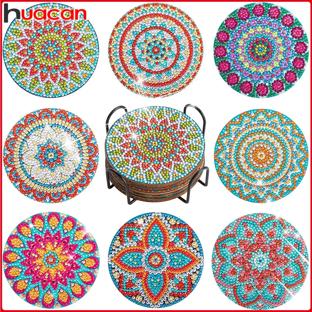 Diamond Painting 6/8pc/sets DIY Diamond Painting Coasters Full Drill Diamond Mosaic Mandala Round Cup Coasters with Holder