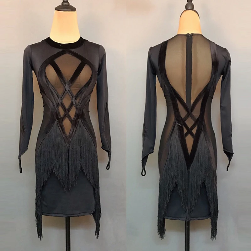 

Женское танцевальное платье, черное платье с длинным рукавом, модель DL10535