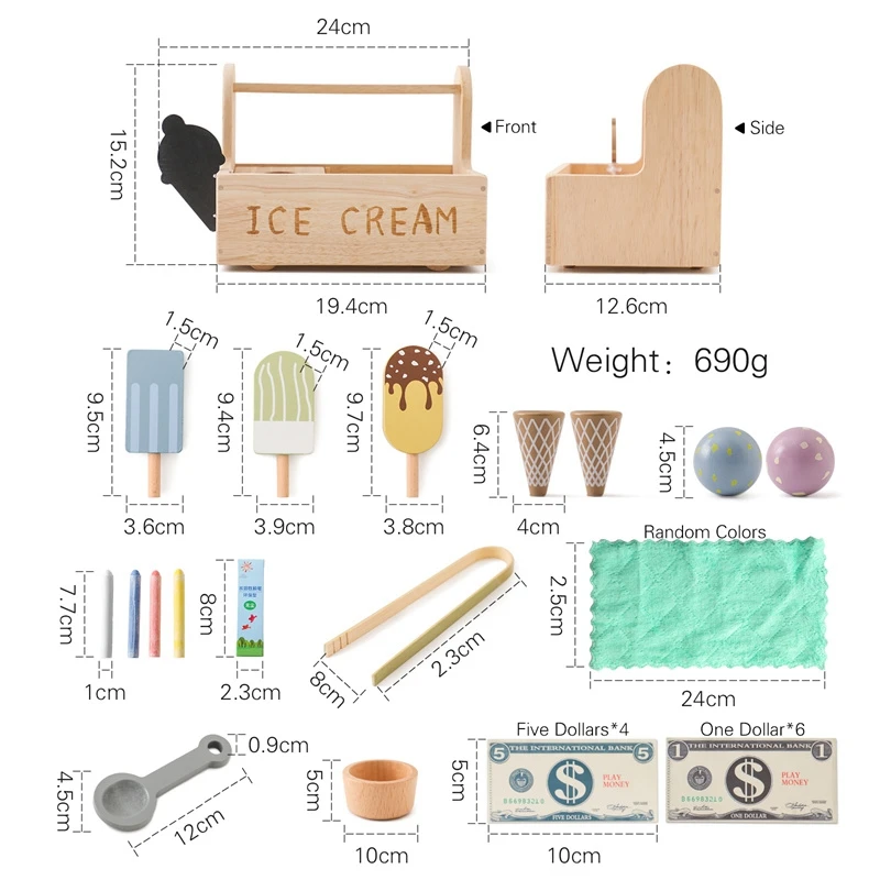 Wooden Ice Cream Toys Pretend Play Simulation Montessori Ice-cream Cone Kitchen Food Toys Preschool Educational for Kids Gifts 6