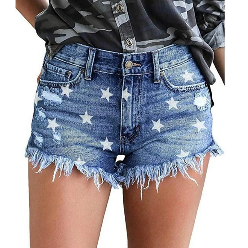 Women Sexy Print Tassel High Waist Hole Ripped Shorts Blue Fashion Casual Plus Size Denim Shorts Y2k Summer Denim Short Jeans
