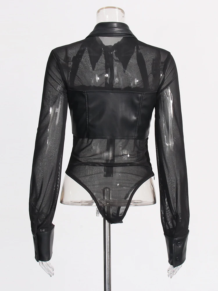 GALCAUR Casual Solid Fashion Bodysuits For Women Lapel Long Sleeve High Waist Single Breasted Patchwork Leather Bodysuit Female