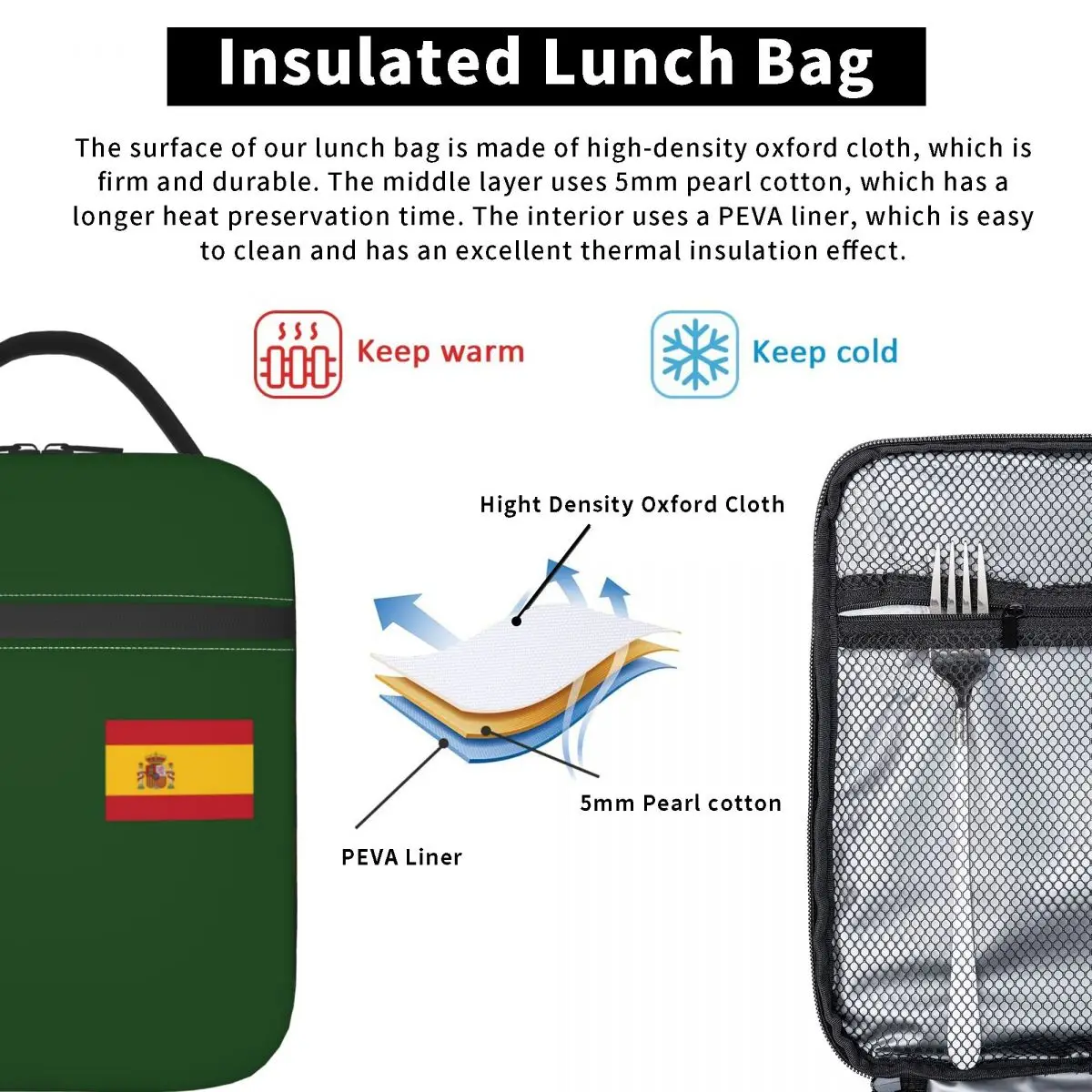 Spain Flag Plus Emblem Civil Guard Insulated Lunch Bag Cooler Bag Meal Container Spanish Large Tote Lunch Box Food Storage Bags lunch bag cooler bag