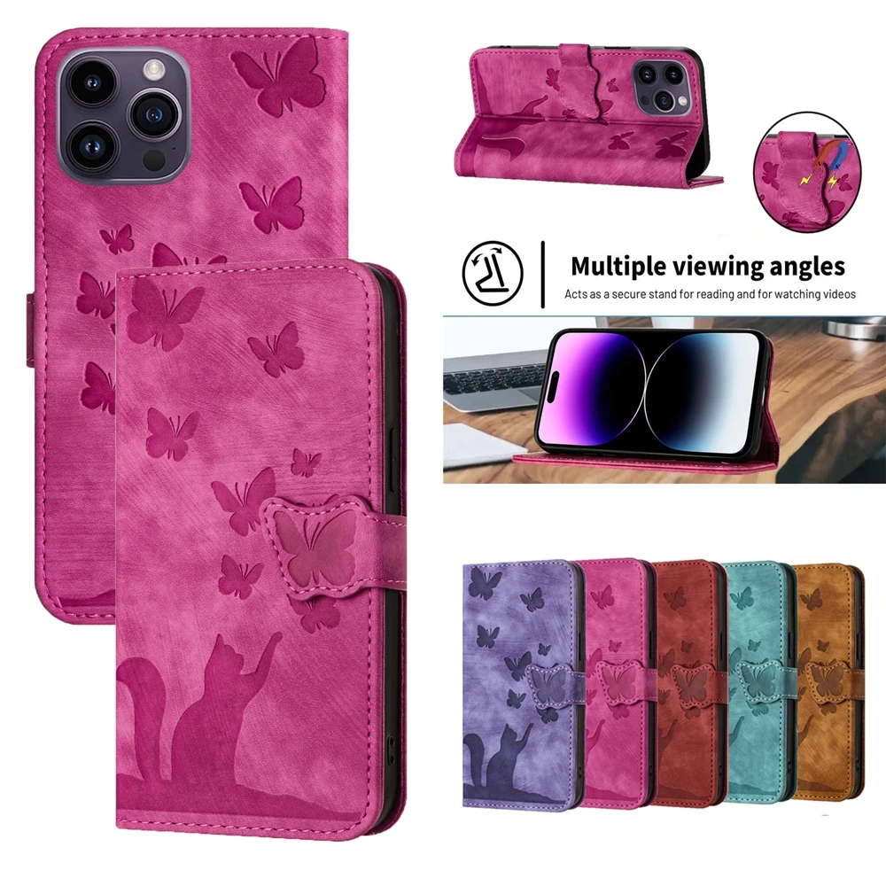 Étui portefeuille à rabat papillon chat pour iPhone 17 Air Pro X XS XR Max 8 7 Plus, coques de téléphone en cuir magnétique