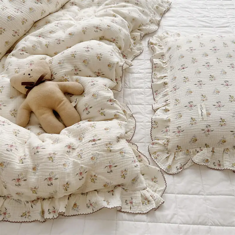 Cotton Muslin Baby Duvet Cover and Pillowcase Toddler Girls Floral Bedding Set