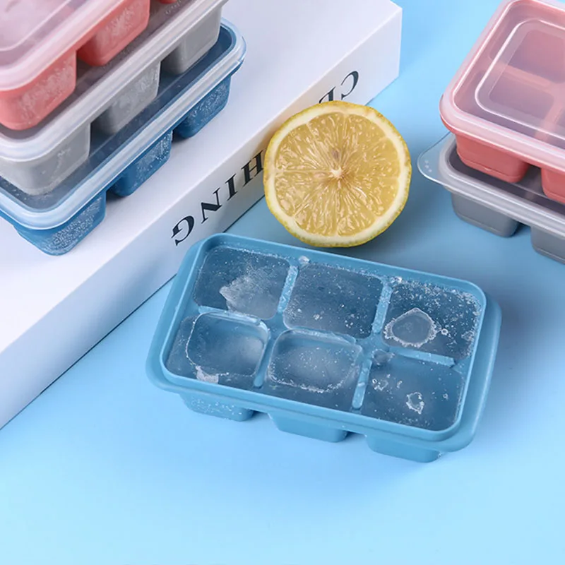 Reusable 6 Grid Ice Cube Maker Mold With Lid Silicone Ice Cube Square Tray Mold for Ice Cream Chocolate