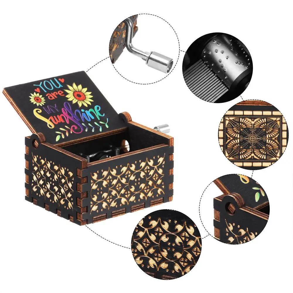 You are My Sunshine Engraved Hand-Cranked Wooden Musical Box Suitable Gifts for Birthday Christmas Valentine's Day Thanksgiving 2
