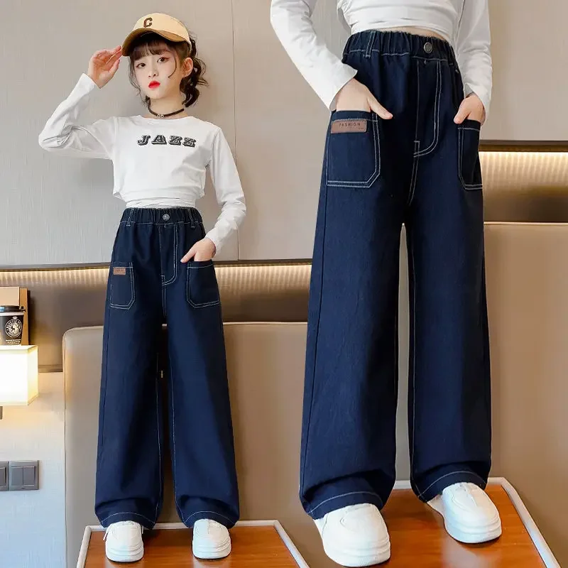 

2024 Fashion Teenage Children's Wide Leg Jeans for Girls Spring New Kids Straight Denim Pants With Buttons Loose Causal Trousers