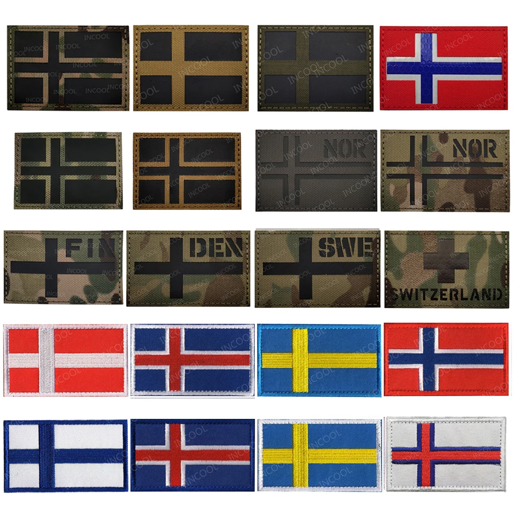 Sweden Norway Denmark Iceland Finland Switzerland Flag Embroidered IR Reflective Patches Emblem Appliqued Sticker Strip Badges