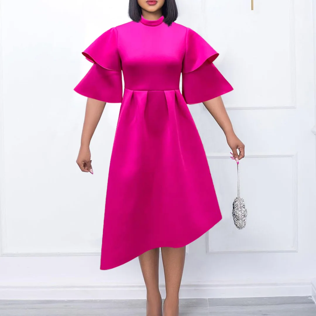 

Women Party Dress A Line Short Sleeves Half High Collar African Female Occasion Event Club Birthday Wedding Guest Gowns Robe New