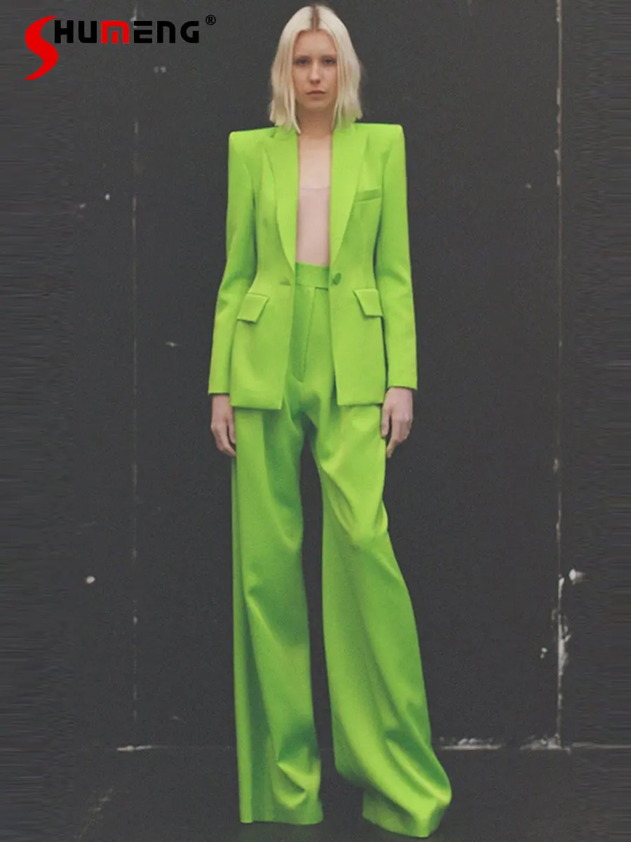 

2023 Spring Autumn New Elegant Fashion One Button Slimming Suit Coat + Bootcut Pants Outfits Green Two-Piece Set for Women