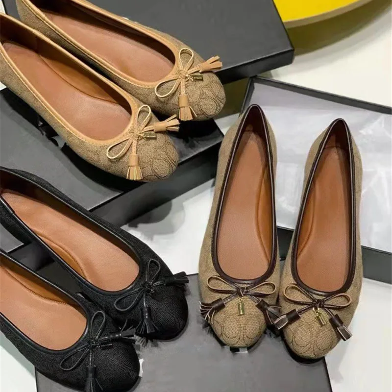 

Women's shoes round head shallow bow flat sole single shoes sweet flat heel canvas boat shoes casual soft sole dancing shoes