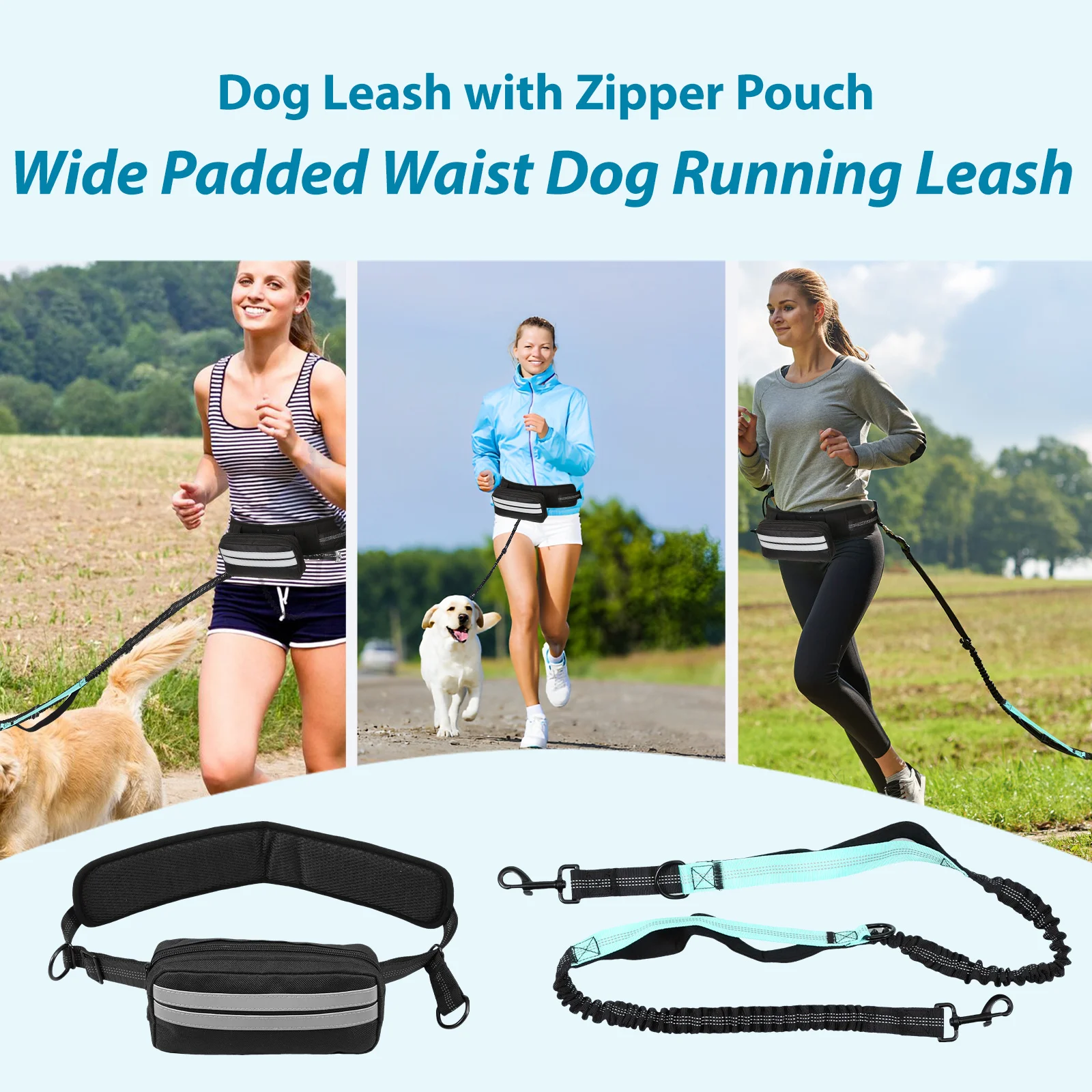 Hands Free Dog Leash Adjustable Reflective Waist Running Double Leash with Pouch Retractable Dog Running Leash Pet Supplies