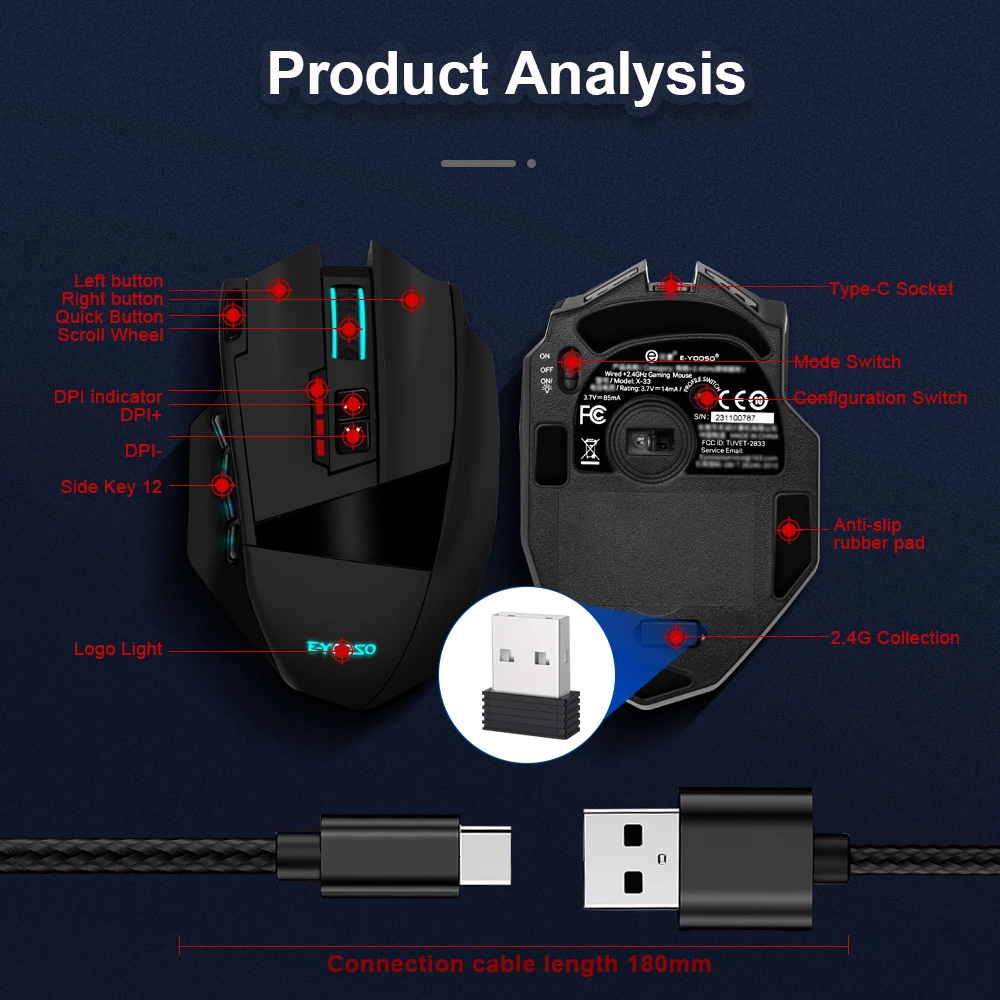 E-YOOSO X-33 RGB USB 2.4G Wireless Gaming Mouse 16000 DPI 16 buttons Programmable game Optical mice for Computer PC Laptop wireless mouse gaming mouse optical mouse
