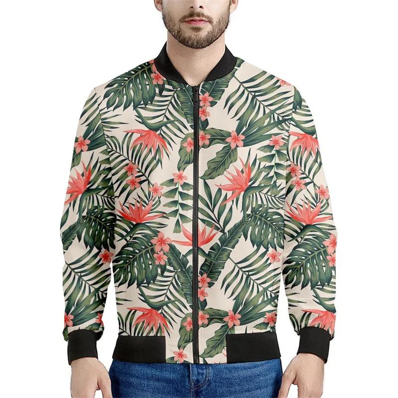 thumbnail image 1 of Chaqueta bomber con estampado de hojas tropicales en flor para hombre, sudadera de manga larga en 3D, chaqueta bomber de calle de gran tamaño con cremallera, 1 of 5