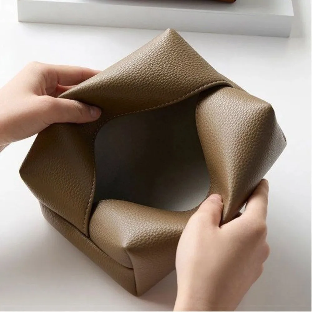 Artificial Leather Tissue Box Square Design Solid Color Tissue Storage Box Desktop Decoration Dustproof Tissue Paper Storage Bag