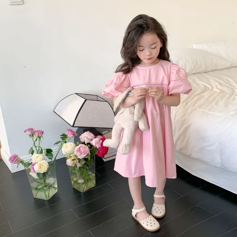 Kids Babys Girls Dress Summer New Vacation Bubble Short Sleeve Little Girls Dress French Solid Thin Belle Girls Princess Dresses