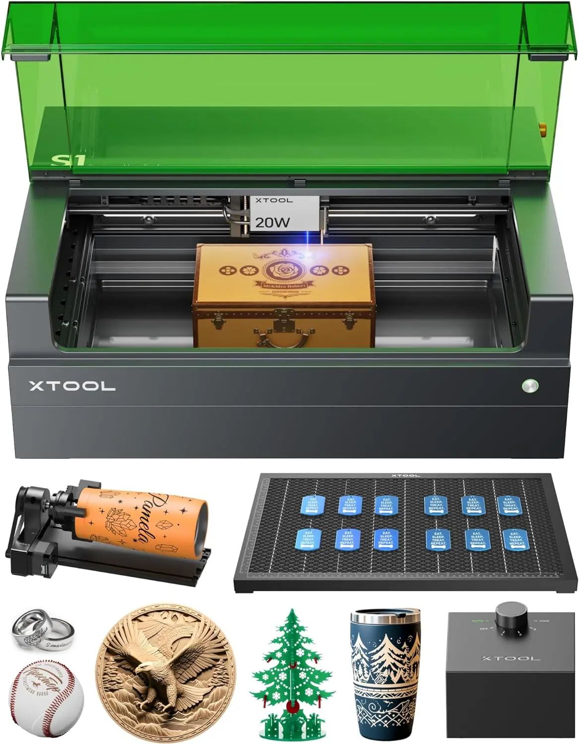 

xTool S1 Laser Engraver with Rotary, Engraving on Tumbler Ring, 20W Laser Cutter Machine, Cut 10mm Wood, Beginner-Friendly