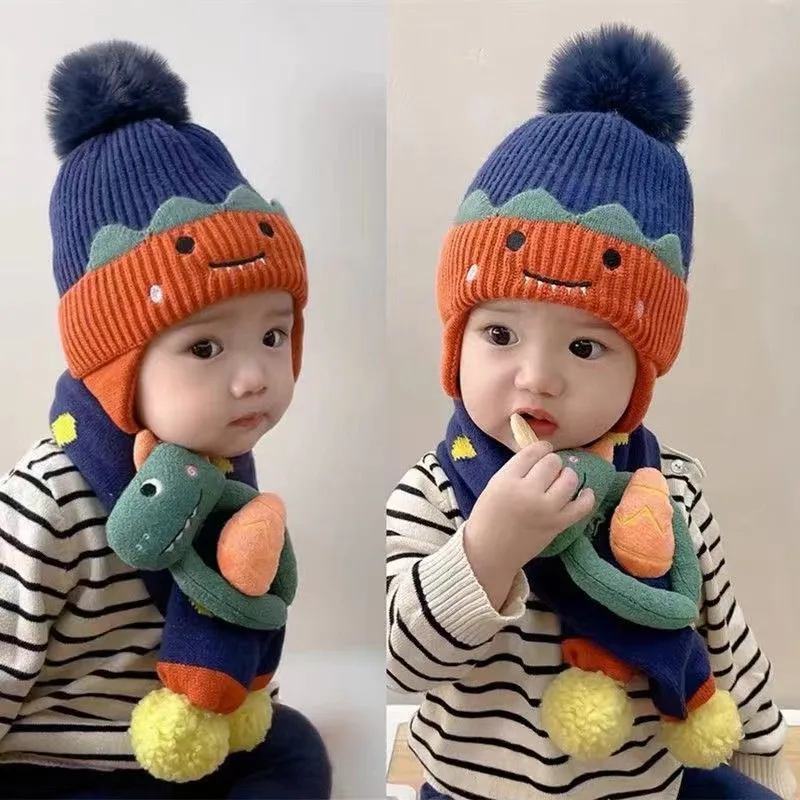2PCS Set Baby Hat Scarf Winter Warm Thick Knitted Cap Cartoon Dinosaur Bunny Beanies Scarf For Children Girls Boys Baby Clothing