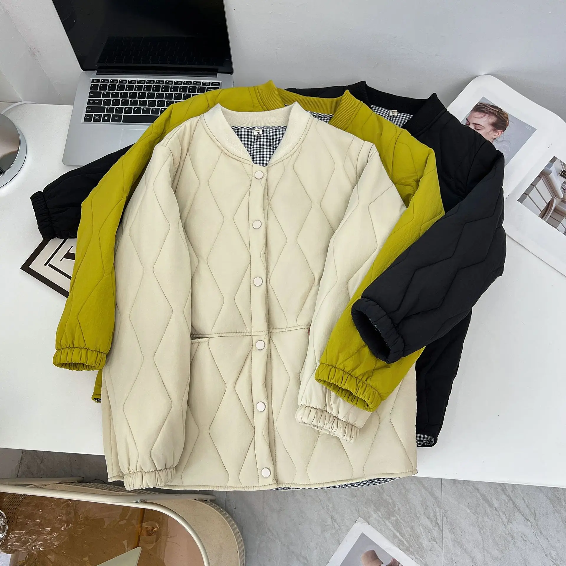 Autumn Winter 100kg Simple Thin Cotton-padded Jacket Plus Size Women's Warm Argyle Parka