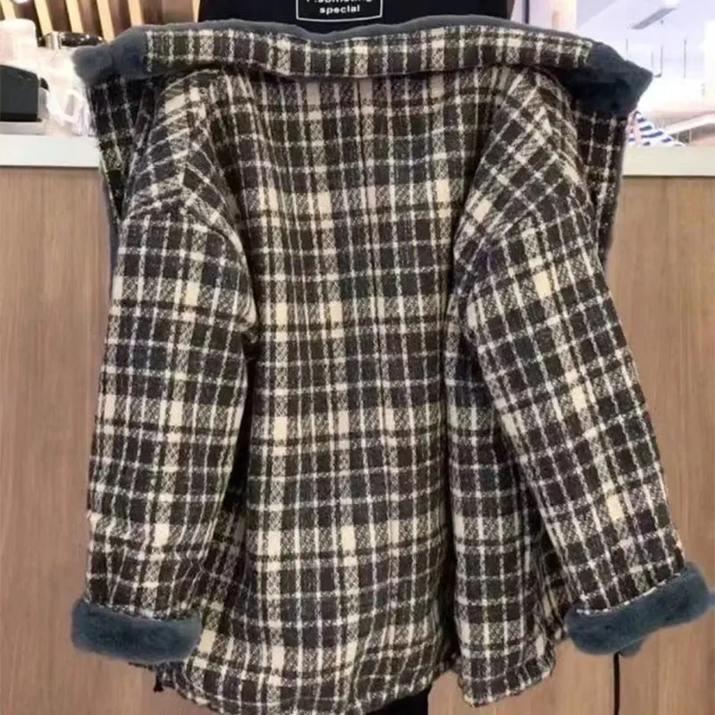 Plaid Wool Plus Fleece Thickened Cotton Clothes 2023 Female Loose Matching Medium Long Coat Small Winter Mother Pack Commuting X