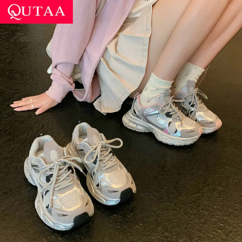

QUTAA 2024 High Platforms Sneakers Spring Summer Lace Up Med Heel Casual Shoes Woman Sport Shoes Sneakers Size 34-40