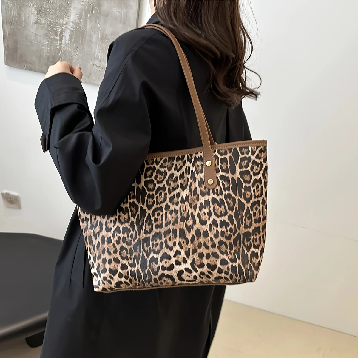 Leopard Soft Shoulder Bag, Retro Animal Print Large Capacity Handbag with Purse, Fashion Casual Style Designer Shopping Tote Bag