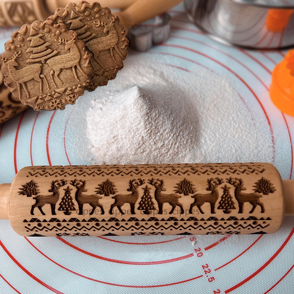 Christmas Rolling Pin with Reindeer Flower Patterns Wooden Embossed 3D Cookie Mold Laser Engraved DIY Baking Tools Dough Roller