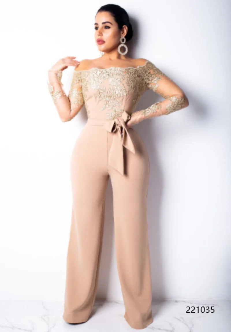Women Sexy Off Shoulder Slash Neck Long Sleeve Women Jumpsuit Elegant Wide Leg Jumpsuit 3XL Appliques Lace Patchwork Jumpsuit
