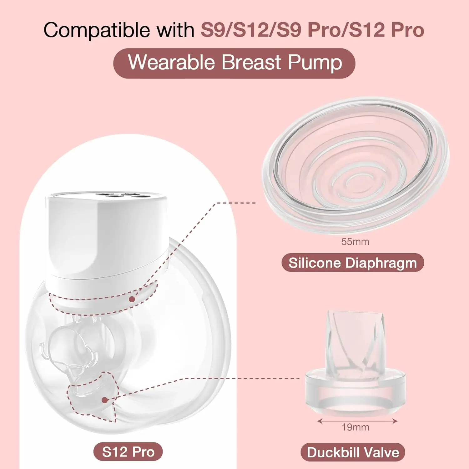 Silicone Duckbill Valve & Silicone Diaphragm Breast Pump Replacement Compatible with momcozy S9Pro/S12 Pro Wearable Breast pump