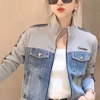 패치워크 짧은 겉옷 크롭 여성 데님 재킷, 용수철 가을 블루 여성 청바지 코트, 작고 시크하고 우아한 Y2k 의류