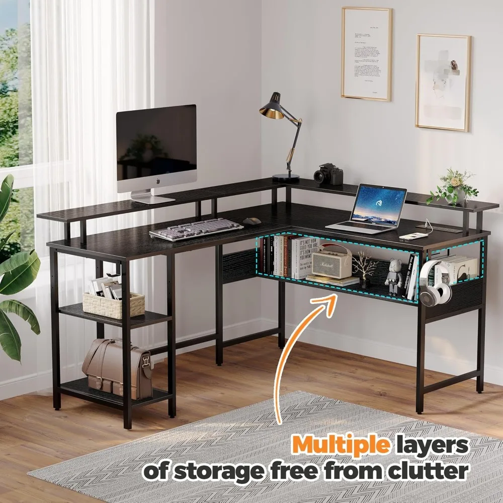 Computer Desk L Shaped 56.7" with LED Lights and Power Outlets, Reversible L Shaped Gaming Desk with Monitor Stand, Home Office