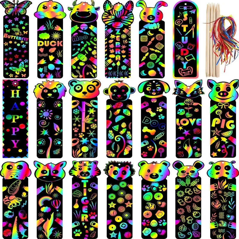 

12 Pcs Animal Bookmarks Scratch Drawing Paper Diy Magic Scratch Art Kids Painting Book Creative Card Educational Toy with Tools