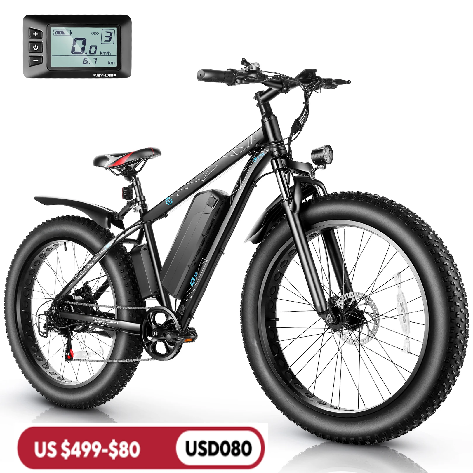 26" x 4.0 Fat Tire Electric Bike 500W Motor 48V 13Ah Removable Battery 7 Speed 25MPH Cruise Control Up to 50 Miles