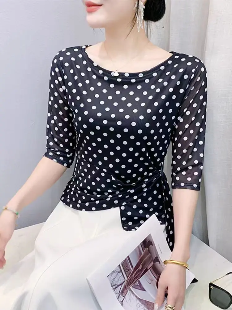Summer Half Sleeve T-shirts Women Print Polka Dots Mesh Tops Girl Irregular Sweet Tshirt 4