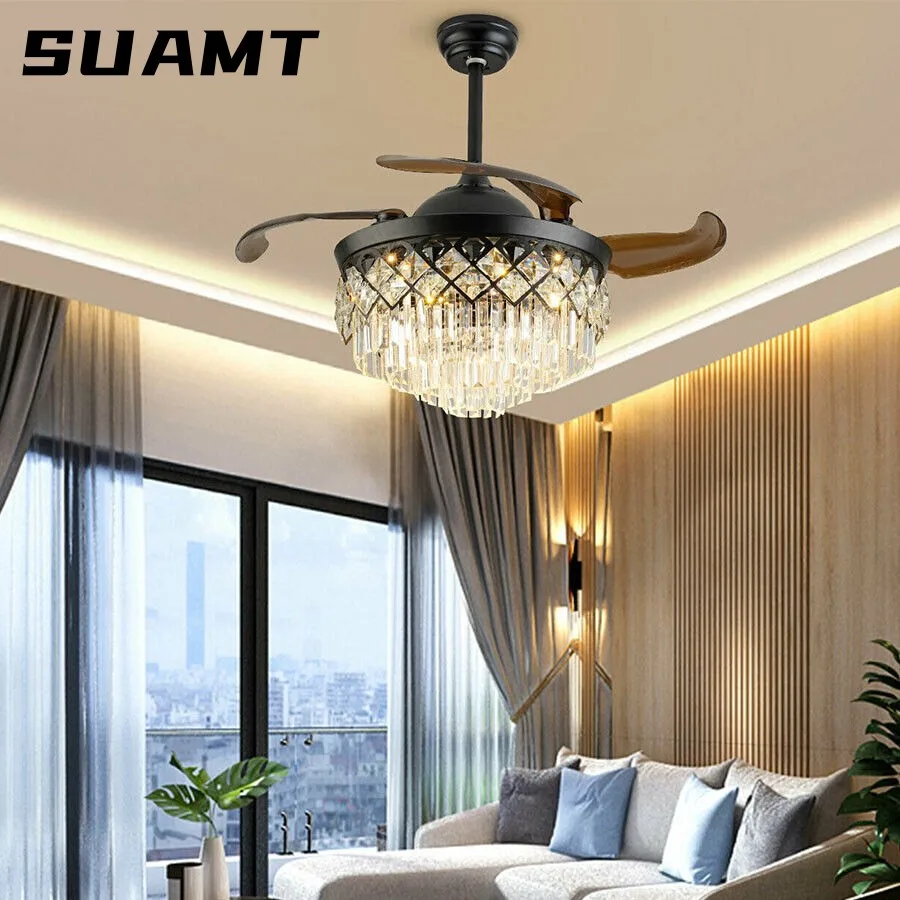 

42" Crystal Chandelier Ceiling Fan LED Lights Remote Control 3 Color Change Home Decor Retractable Crystal LED Ceiling Fan Light