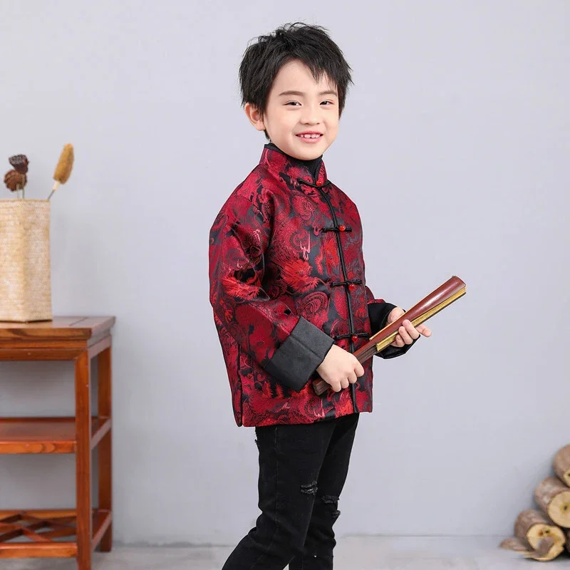 Boys Kids Chinese Tang Suit Jacket Traditional Costume Dragon Print Coat New Year Christmas Winter Outfit