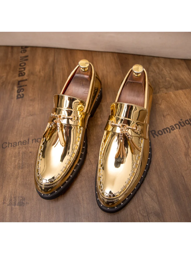 2023 Luxury Gold Italian Leather Shoes Men Loafers Moccasins Casual