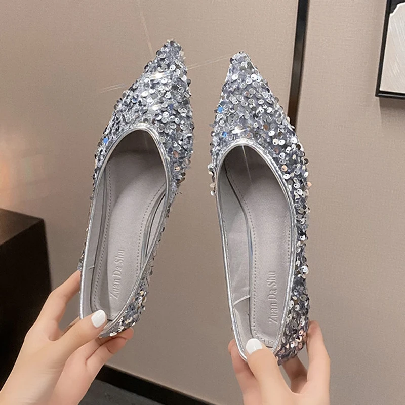 Glitter Silver Paillette Ballets Women Soft Soled Flats Pointed