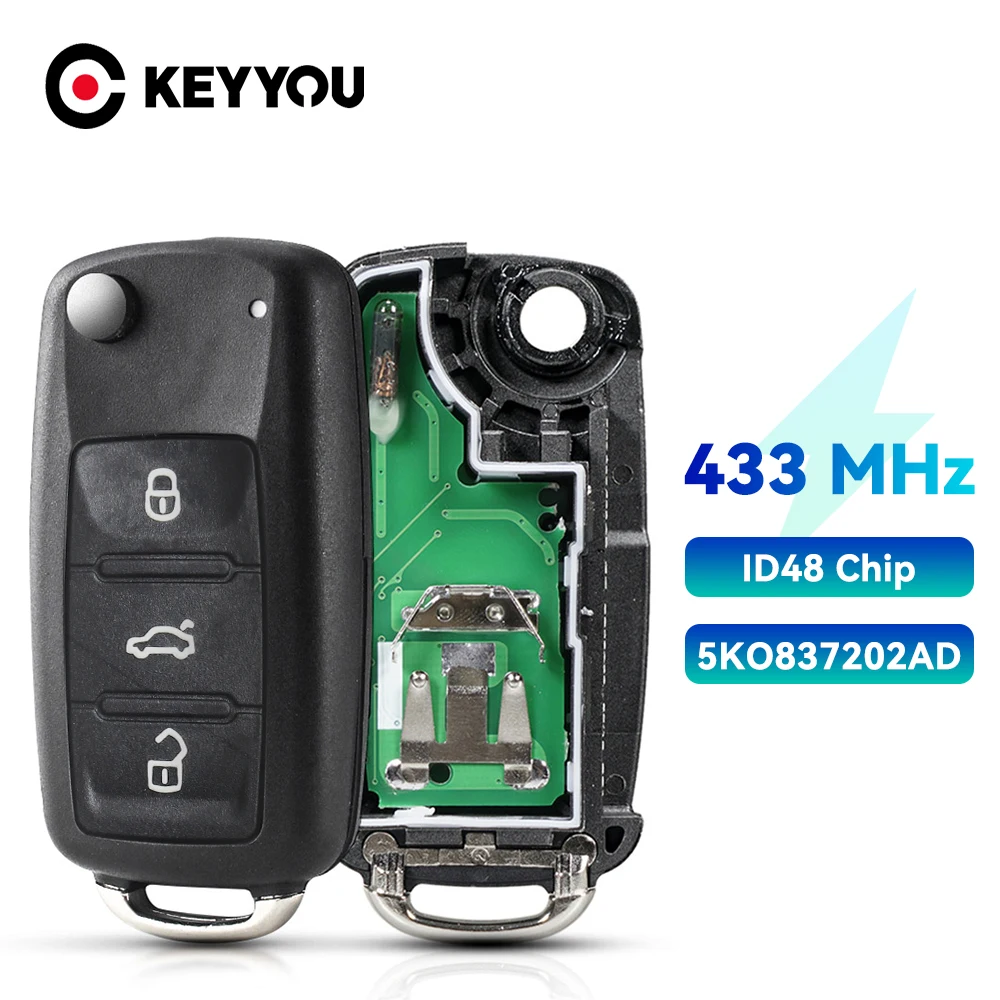 

KEYYOU 3 Buttons Remote Flip key 434MHz ID48 Chip for VW Volkswagen GOLF PASSAT Tiguan Polo Jetta Beetle Car Keyless 5K0837202AD