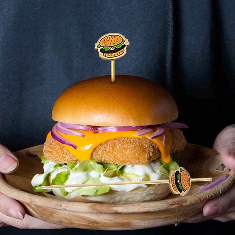Description Picture 4 of item100pcs/set Hamburger Garnish Bamboo Sticks Disposable Fruit Fork Themed Party Food Sandwich Decorations Snack Skewers Supplies